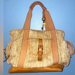 Vintage Woven tote large fossil bag straw bag leather bag canvas shoulder bag